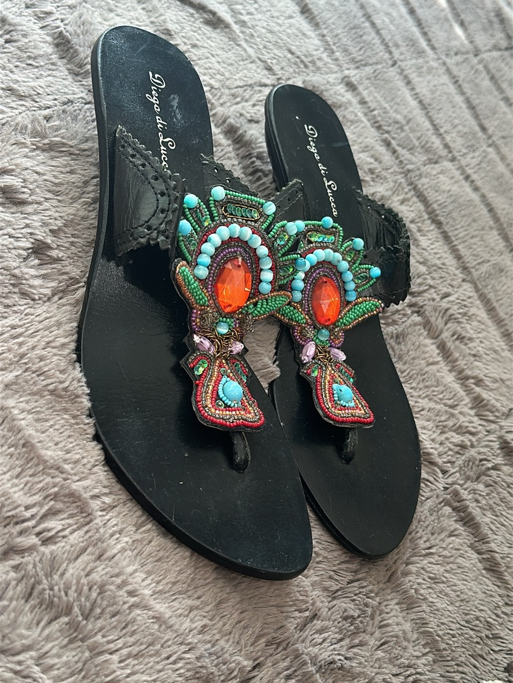 Diego di Luca Black Beaded Thong Sandals with Turquoise & Orange Accents (shoe38